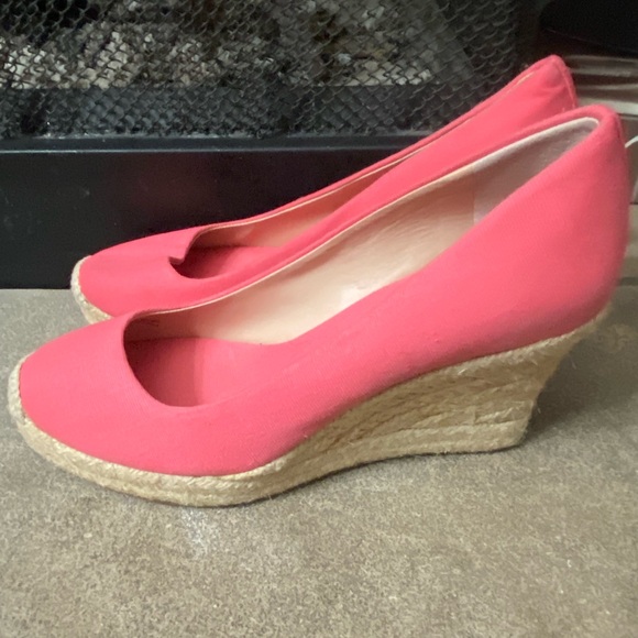 J.Crew Seville espadrille wedges in a bright pink, coral, or salmon canvas color - Picture 9 of 11